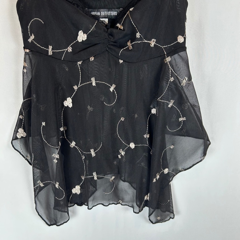 Urban Outfitters Black Mesh Floral Embroidered Handkerchief Hem Camisole Top XS - Picture 7 of 9